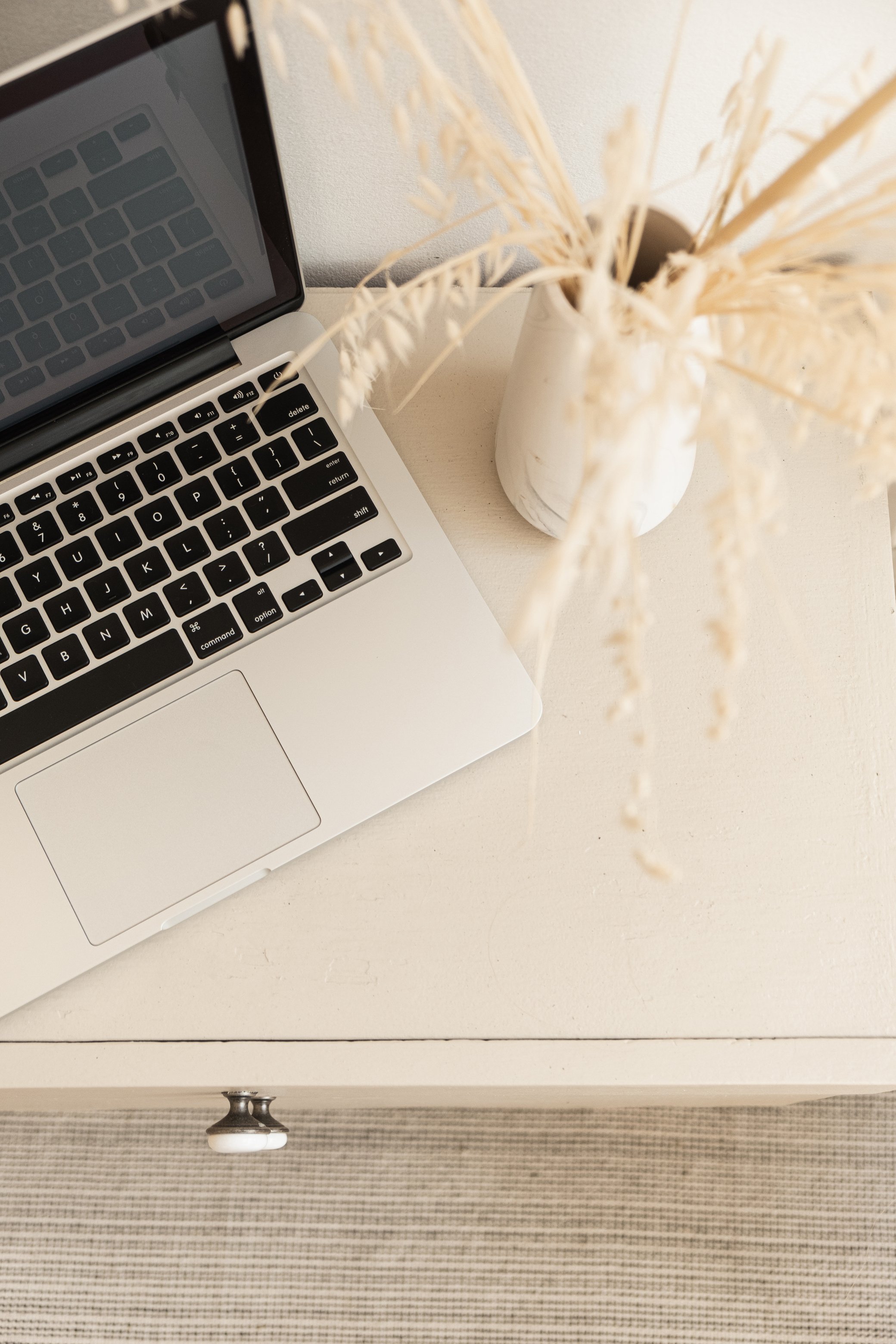 Computer Laptop with Dried Flowers on a Vase